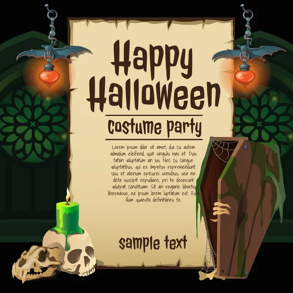 Cráneo y ataúd con tarjeta para feliz Halloween — Vector de stock