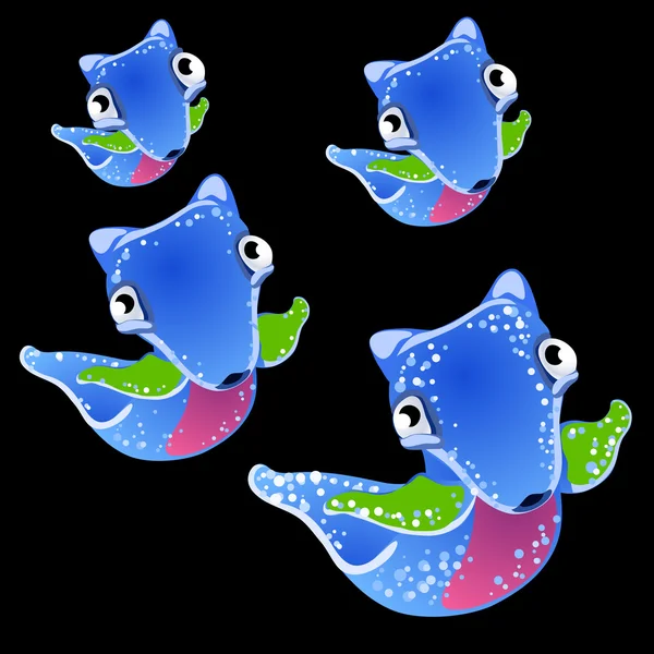 Čtyři modré fiktivní ryb na černém pozadí — Stockový vektor