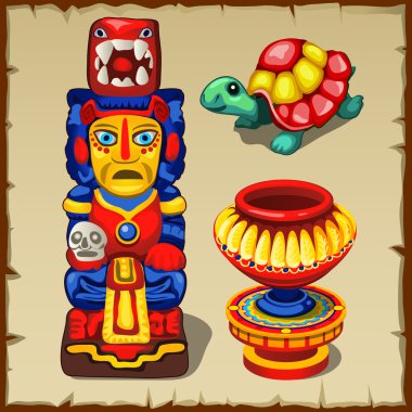 Maya totem, kaplumbağa ve dekoratif vazo
