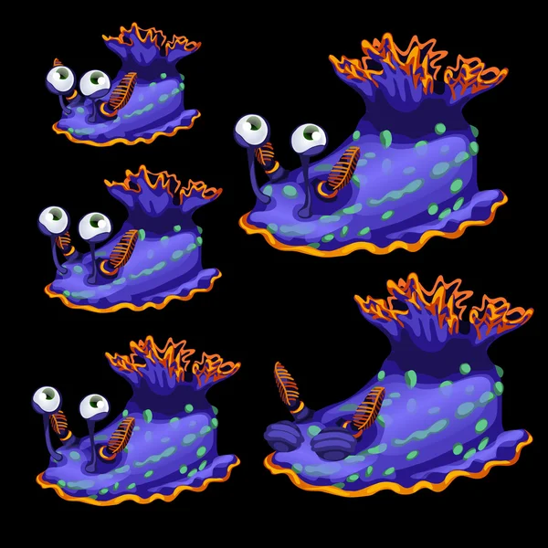 Cinq étranges escargots violets sur fond noir — Image vectorielle