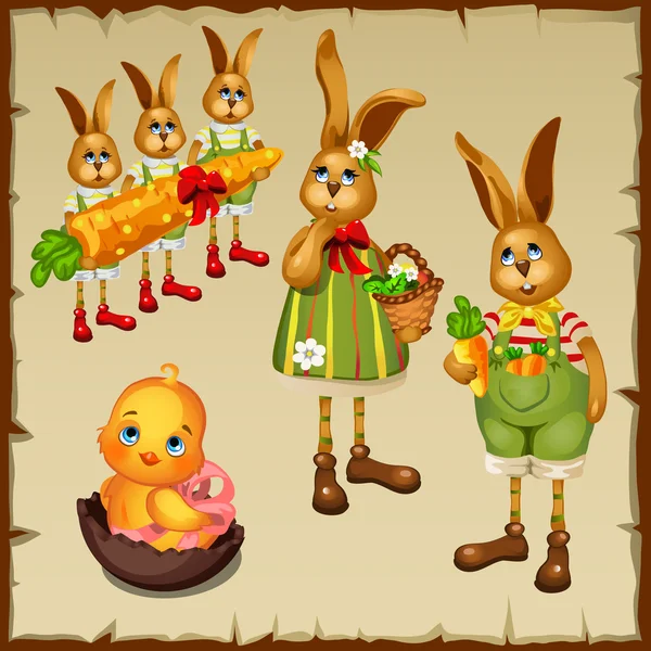 Rodzina króliki i kurczaka w jajka z czekolady — Wektor stockowy