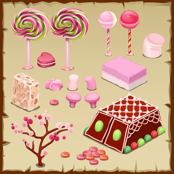 Conjunto rosa grande de caramelos y diferentes dulces — Vector de stock