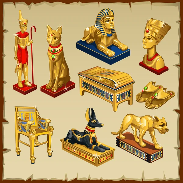 Egyptian set statues made of gold, eight items — Stock Vector