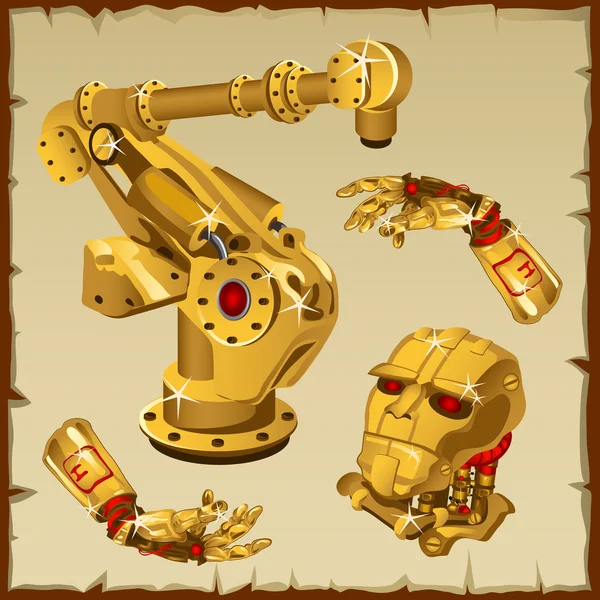 Conjunto de las piezas de robot dorado, brazo, cabeza y otros — Vector de stock