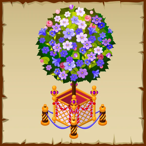 Bonsaï d'arbre inhabituel avec des fleurs bleues et clôture — Image vectorielle