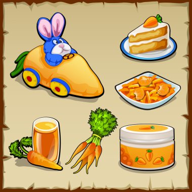 Yemekleri havuç ve oyuncaklar, altı öğeleri kümesi