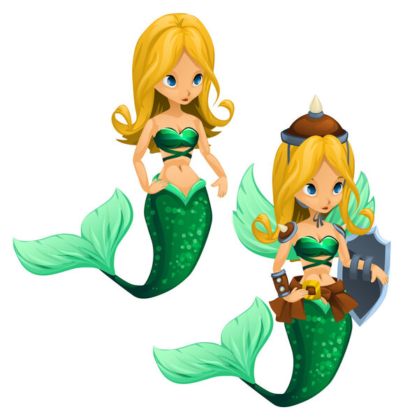 Two fighting blonde mermaid with a green tail