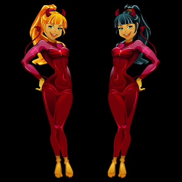 Two girls devils in red latex on black background — Stock Vector