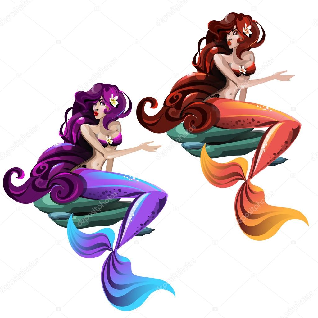 Two mermaids with long hair, purple and red
