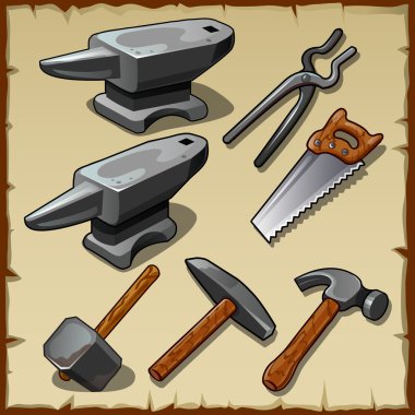 Set of anvils, saws, hammers and other tools clipart
