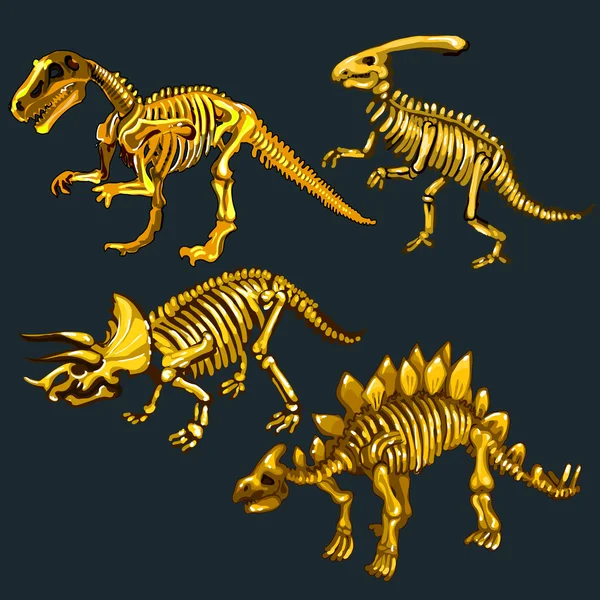 Golden skeletons of four different dinosaurs — Stock Vector