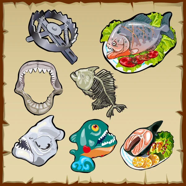 Conjunto de peixes, armadilhas, mandíbula e outra imagem de piranha —  Vetores de Stock