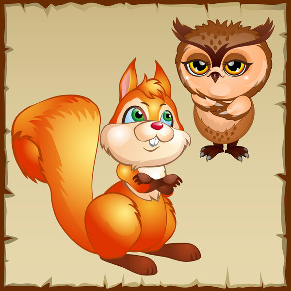 Orange squirrel and brown owl, cartoon characters