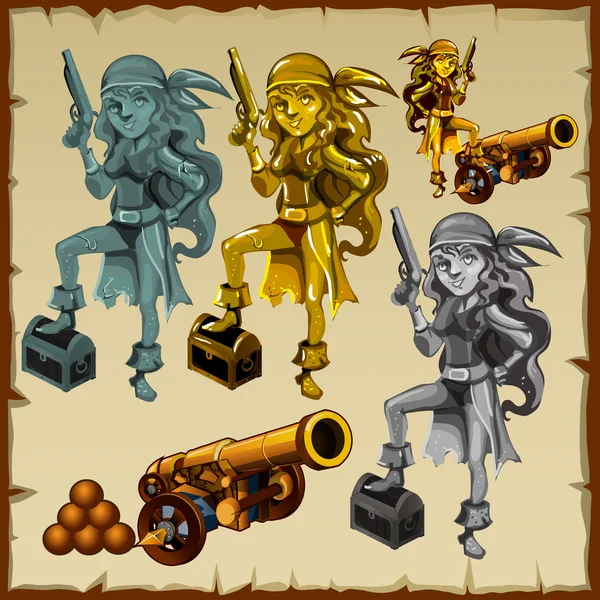 Gouden en zilveren beelden van vrouwen piraten met geweren — Stockvector