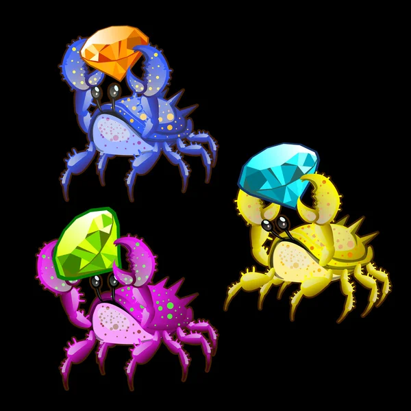 Three colorful crab with precious stones — Stock Vector