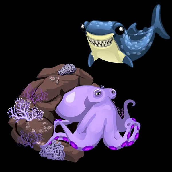 Pulpo púrpura y tiburón azul, dos personajes lindos — Vector de stock