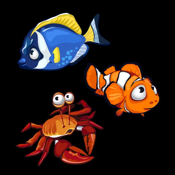 Palyaço balığı, mavi balık ve yengeç, deniz karakterler — Stok Vektör