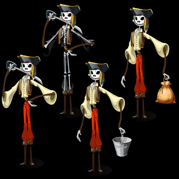 さまざまなアイテムと 5 つの海賊スケルトンを設定します。 — ストックベクタ
