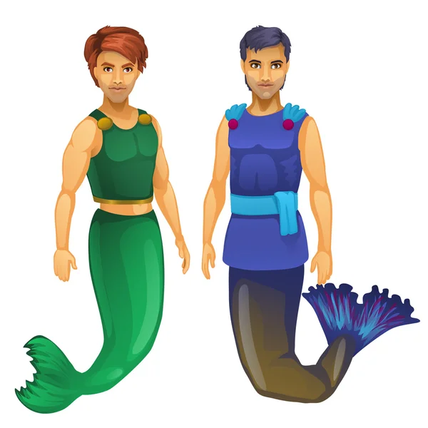 Due ragazzi sirena in un costume verde e blu — Vettoriale Stock