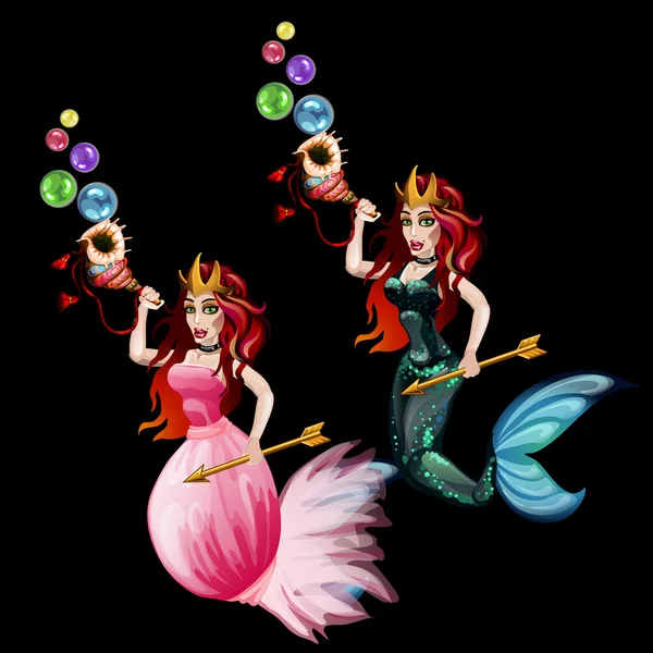 Zwei Meerjungfrauen mit Muschel und goldenen Pfeilen — Stockvektor