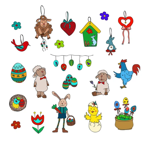 Pasqua collezione di simboli tradizionali - felice Pasqua doodle set — Vettoriale Stock