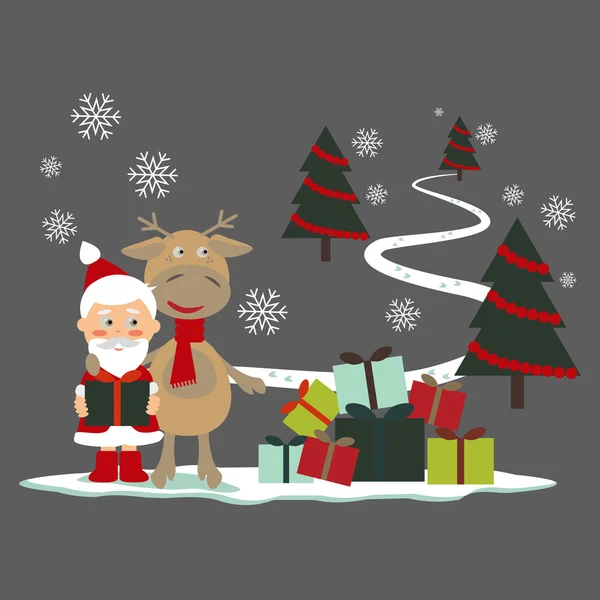 Cartão de Natal com veados e Papai Noel —  Vetores de Stock