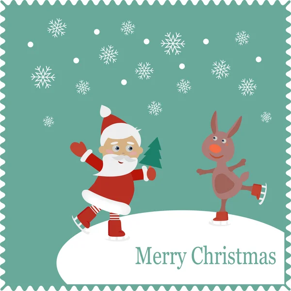 Carte de voeux avec joyeux Père Noël et patins à lapin — Image vectorielle