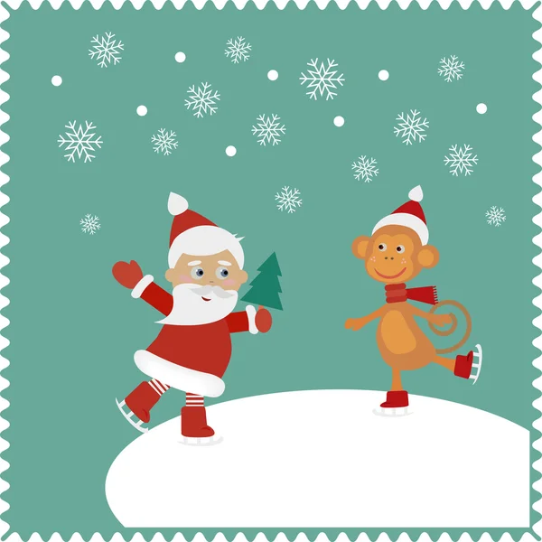 Greeting card with happy Santa and monkey skates — Stock Vector