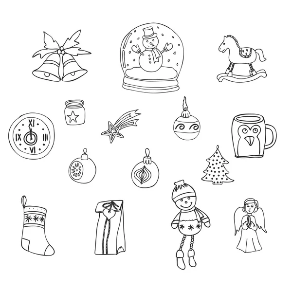 Kış, yeni yıl, yılbaşı anahat simgelerini belirlemek. Dekoratif elemanları kış tatilleri için tasarımı için. Trendy düz stil. Doodle kroki tarzı Childs'ın el çizimi. Vektör