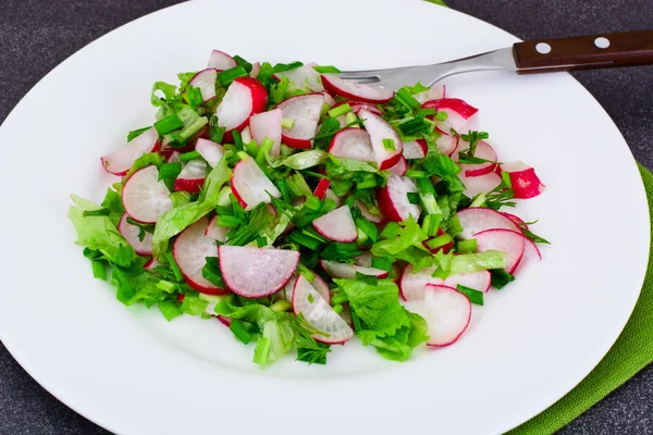 Ensalada dietética de rábano fresco jugoso, cebollas verdes, lechuga —  Fotos de Stock