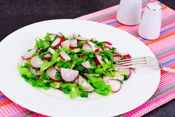 Dietary Salad from Fresh Juicy Radish, Green Onions, Lettuce — Stock Photo, Image