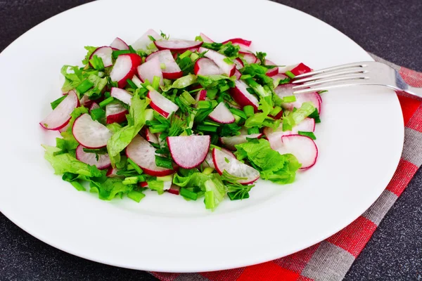 Salada dietética de rabanete suculento fresco, cebolas verdes, alface — Fotografia de Stock