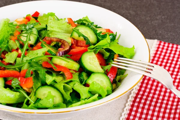 Sla met rucola komkommer paprika, rode ui en balsami — Stockfoto