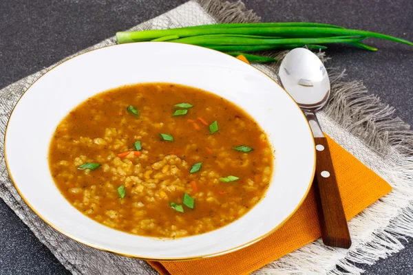 Суп Харчо с рисом и овощами, карри, чили — стоковое фото