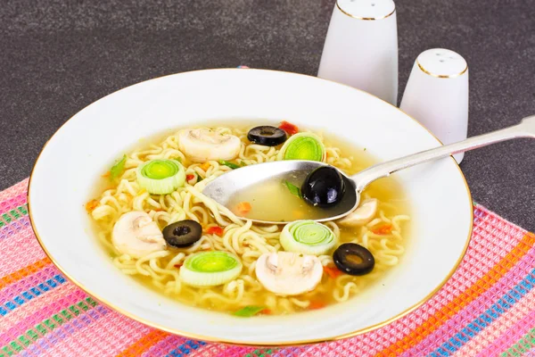 Tasty Mushroom Soup with Chinese Noodles — Stock Photo, Image