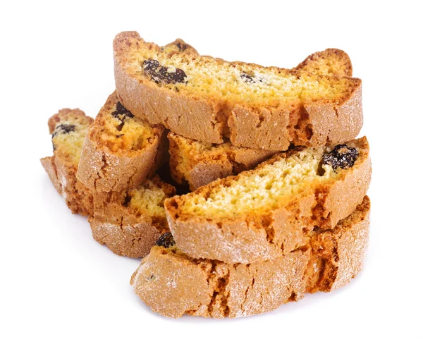 Kantuchchi mandulával és a mazsola, Biscotti Isokated fehér — Stock Fotó