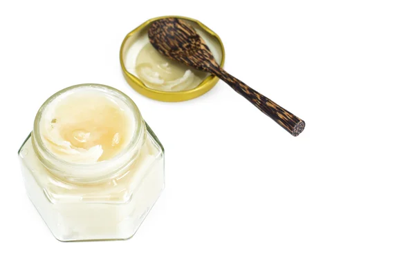 Glass Jar with Cream Honey Bee — Stock Photo, Image