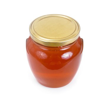 Beyaz arkaplanda izole edilmiş ballı kavanoz.