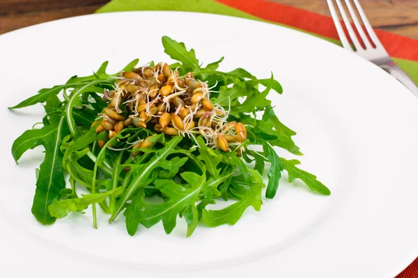 Roka Salatası ile beyaz plaka Germinated tahıl