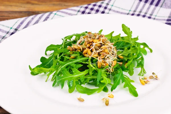 Salade de roquette aux grains germés dans une assiette blanche — Photo