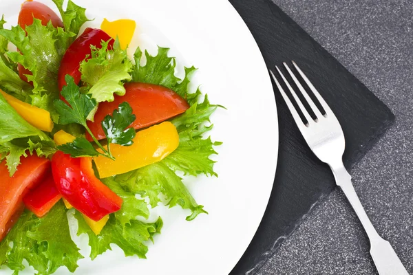 Gezond en dieet voedsel: sla, tomaat, peper, zaden, olie, zout — Stockfoto