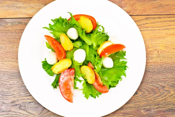 Ensalada de Lechuga Verde, Tomate, Bruschetta y Mozzarella —  Fotos de Stock