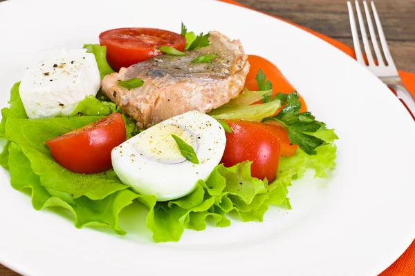 Salmão, alface, tomate e pimenta doce com ovo — Fotografia de Stock