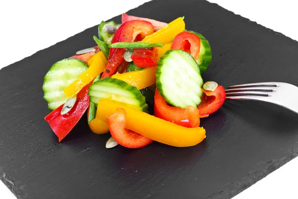 Healthy and diet food: Lettuce, tomato, pepper, seeds, oil, salt — Stock Photo, Image