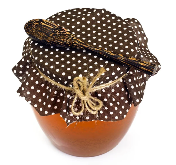 Jar de sticlă cu cremă de miere de albine — Fotografie, imagine de stoc
