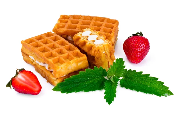 Wien, belgische Waffeln mit Erdbeere und Minze — Stockfoto