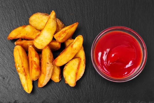 Картофельные клинья, картофель в сельской местности с томатным кетчупом — стоковое фото
