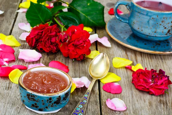 Jam Made of Rose Petals on the Old Wooden Boatds — Stock Photo, Image