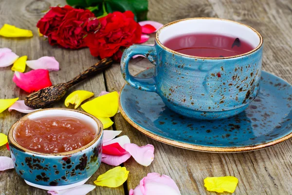 Jam Made of Rose Petals on the Old Wooden Boatds — Stock Photo, Image