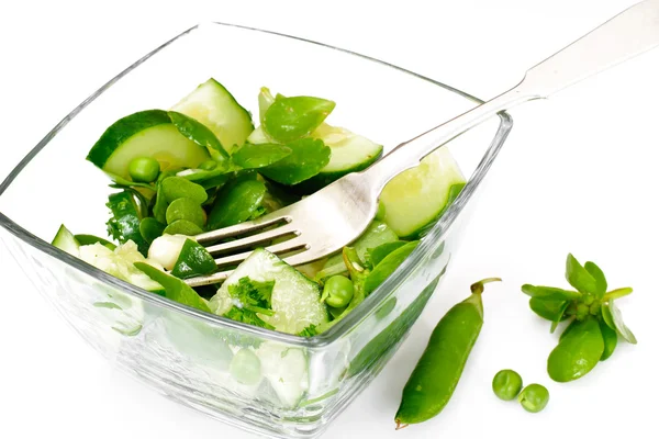 Salad with Cucumber, Purslane and Green Peas on Dark Disks — Stock Photo, Image